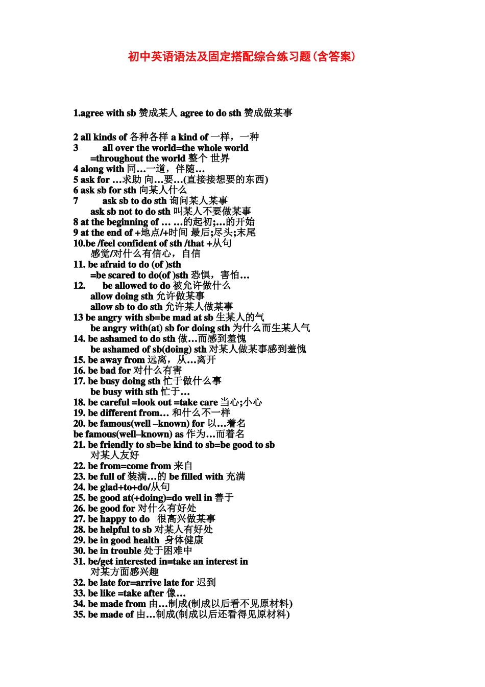初中英语语法及固定搭配综合练习题含答案_第1页