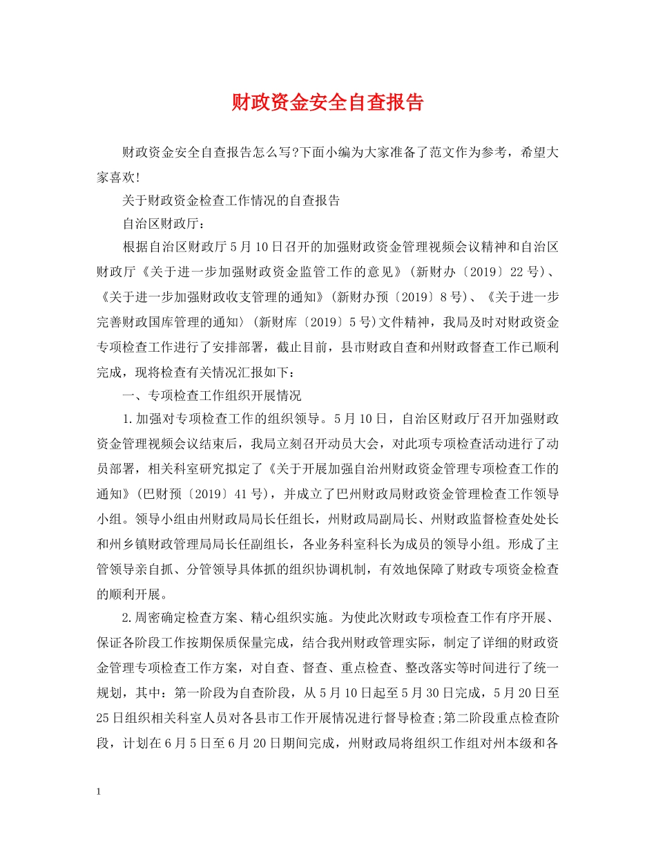 财政资金安全自查报告 _第1页