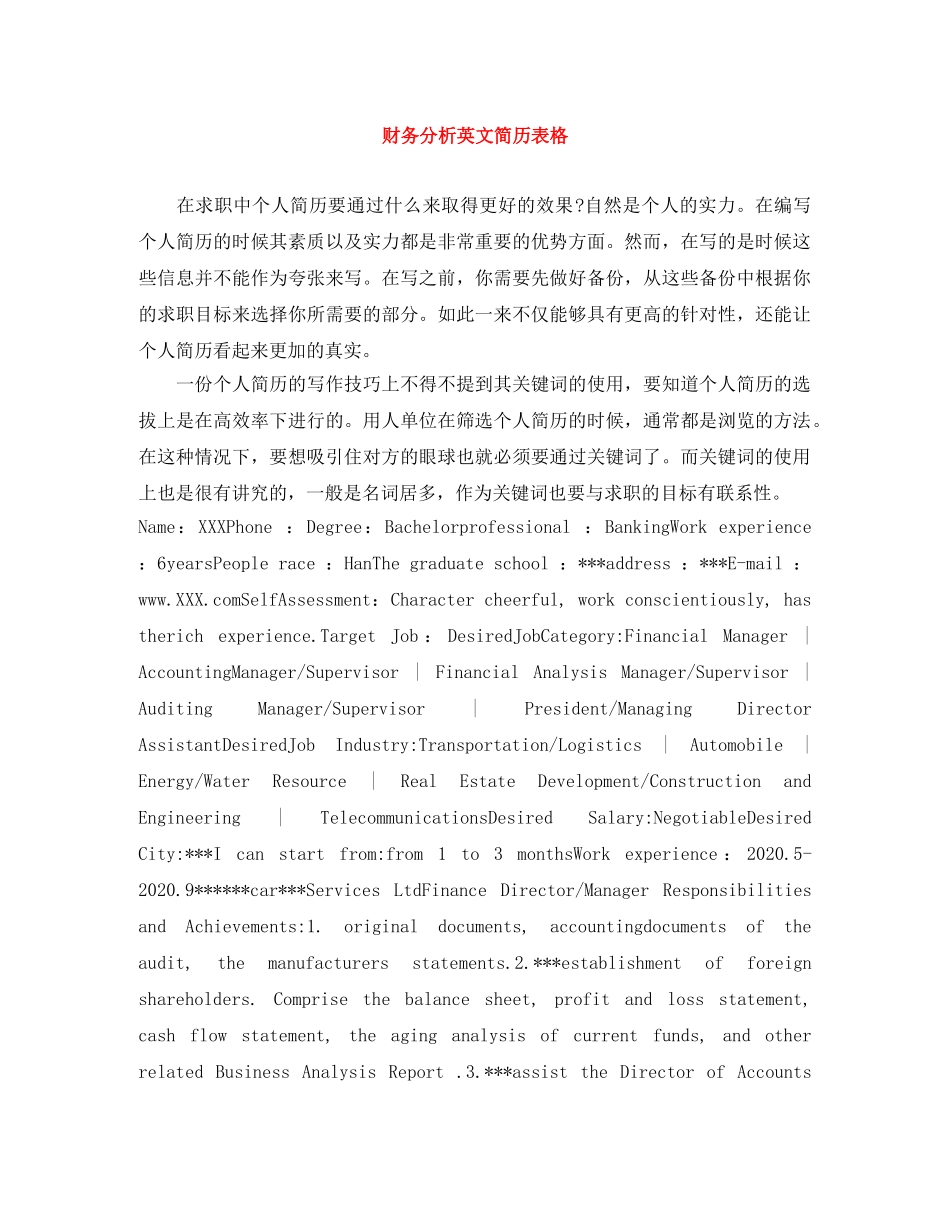 财务分析英文简历表格 _第1页