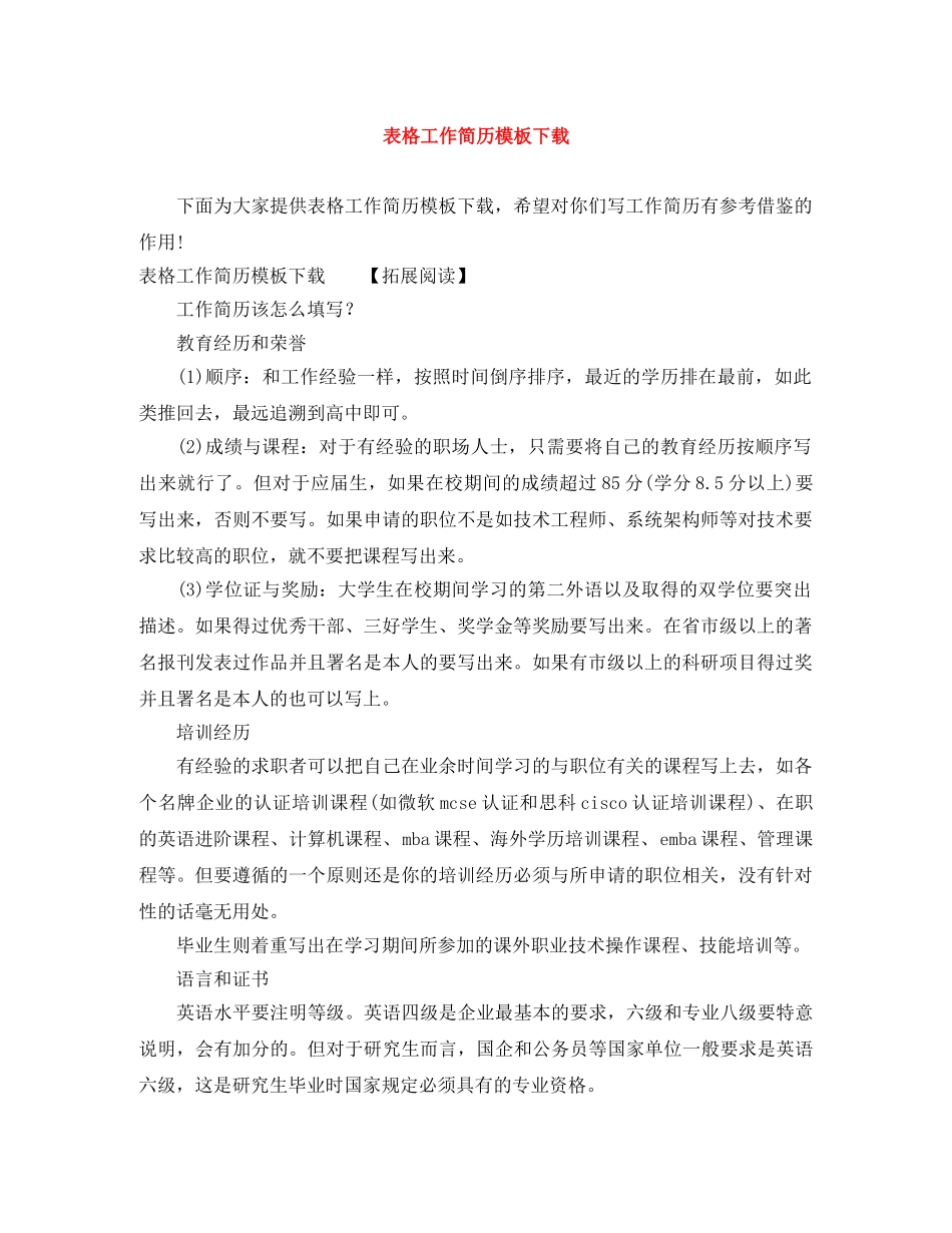 表格工作简历模板下载 _第1页