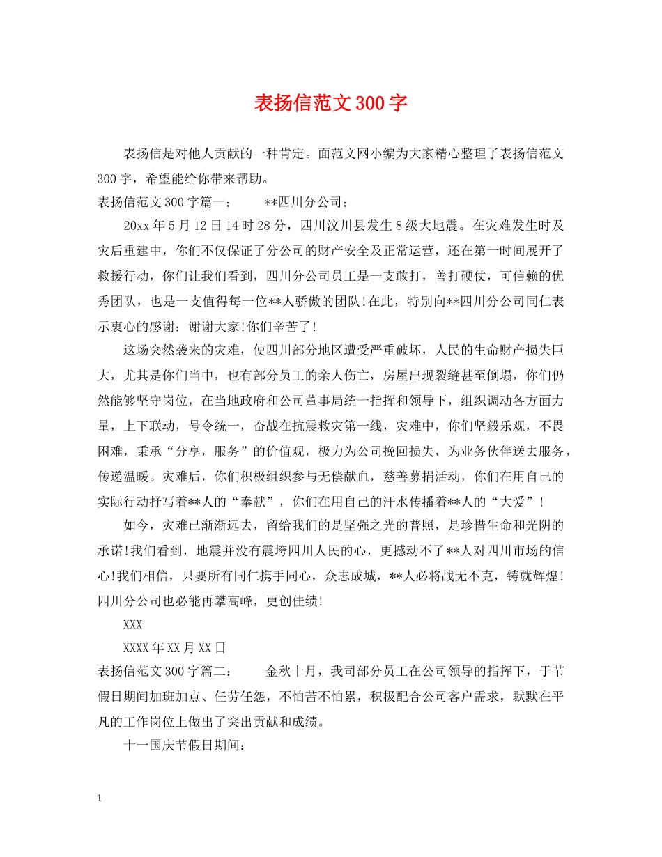 表扬信范文300字 _第1页