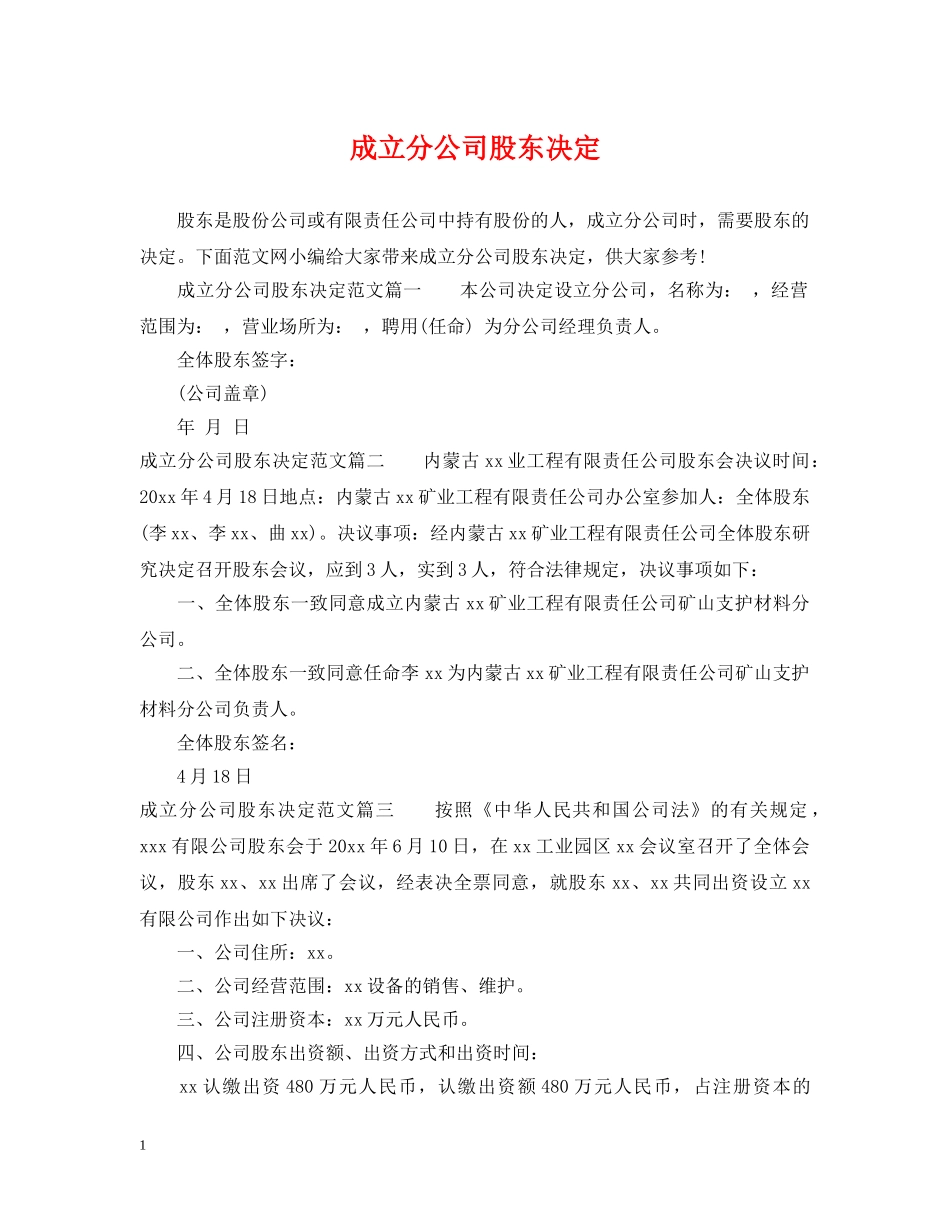 成立分公司股东决定 _第1页