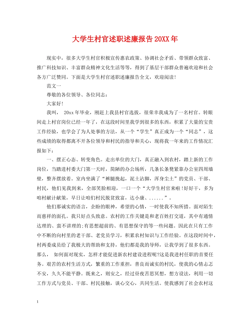 大学生村官述职述廉报告20XX年 _第1页