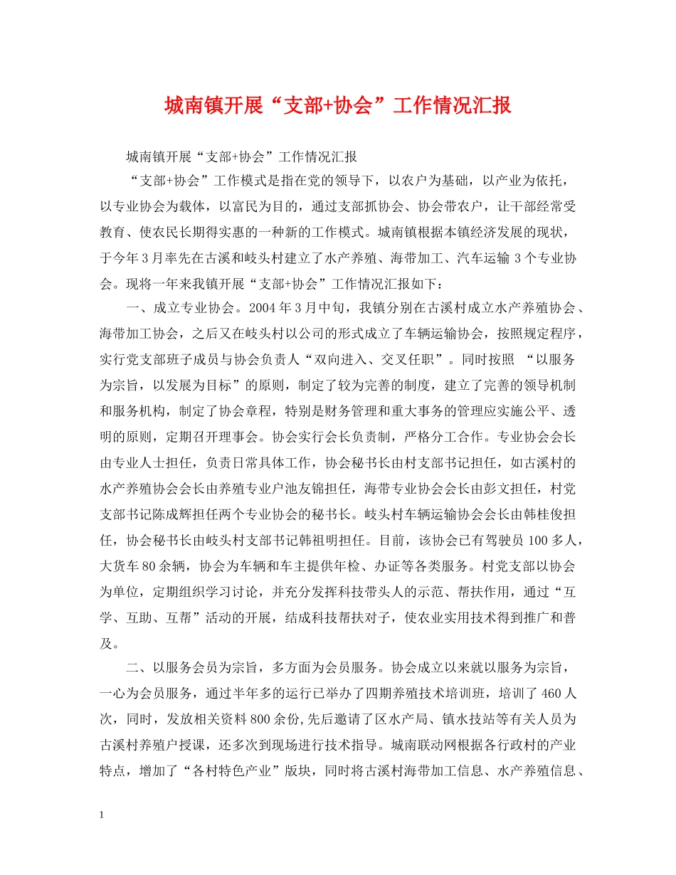 城南镇开展“支部+协会”工作情况汇报 _第1页