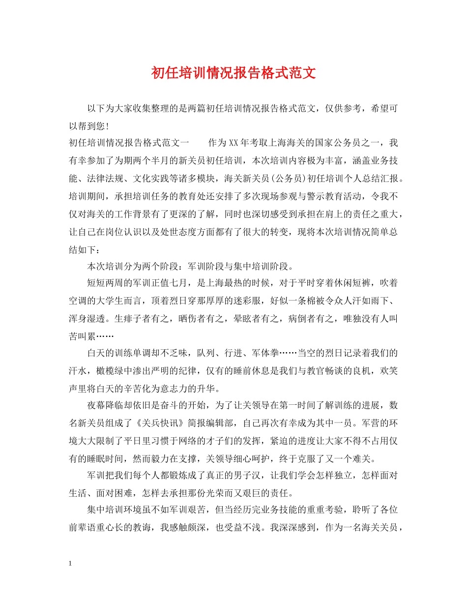 初任培训情况报告格式范文_第1页
