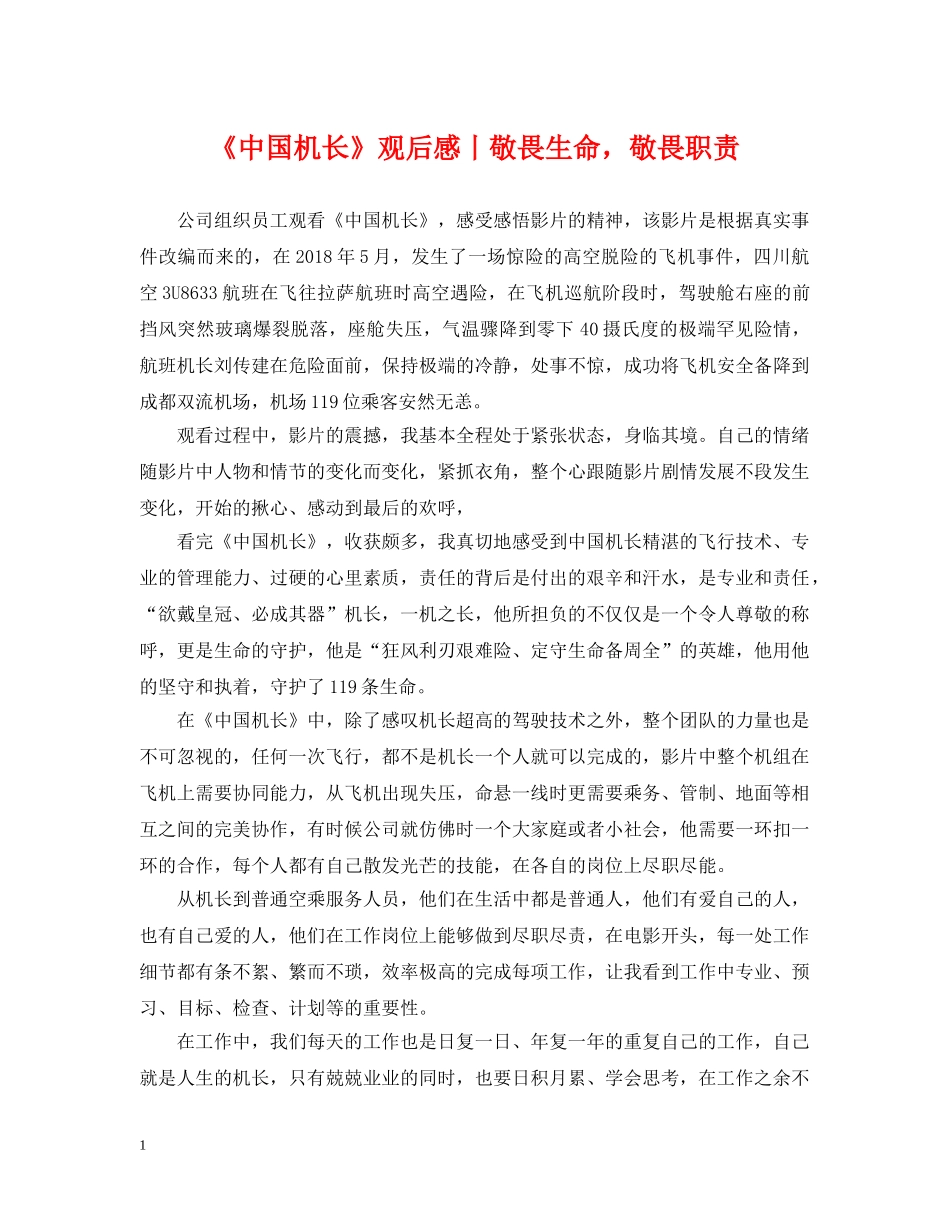 《中国机长》观后感丨敬畏生命，敬畏职责_第1页