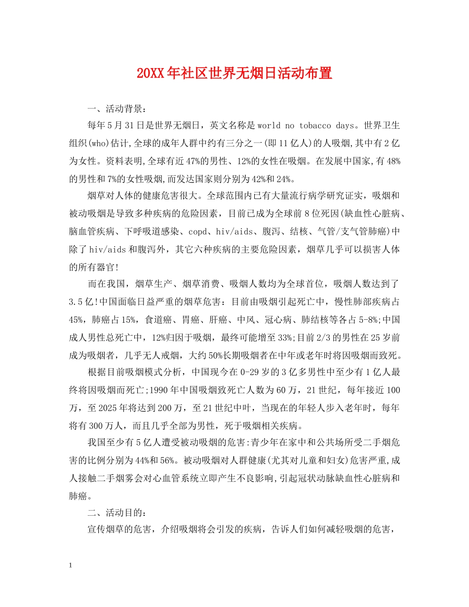 20XX年社区世界无烟日活动布置_第1页