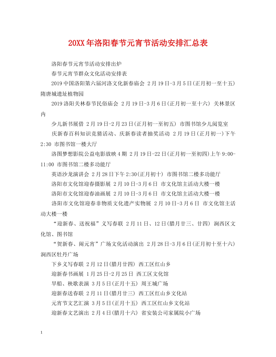 20XX年洛阳春节元宵节活动安排汇总表_第1页