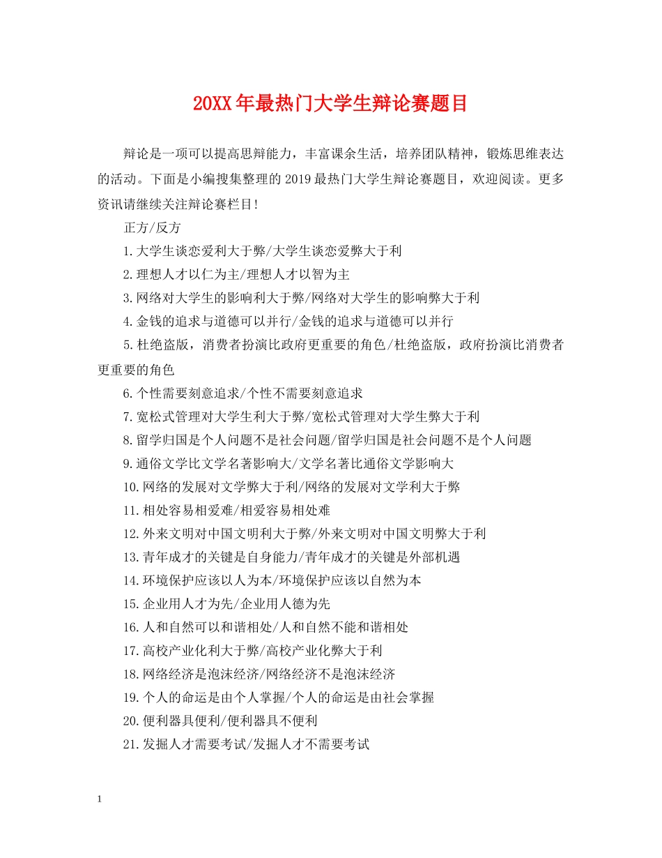 20XX年最热门大学生辩论赛题目_第1页