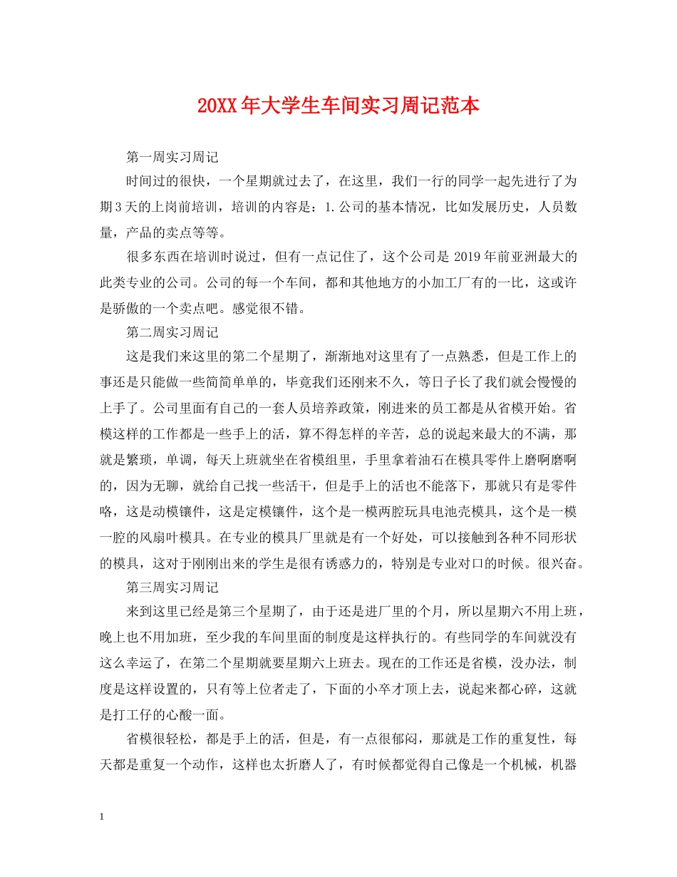 20XX年大学生车间实习周记范本_第1页