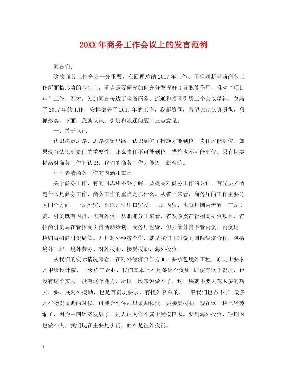 20XX年商务工作会议上的发言范例_第1页