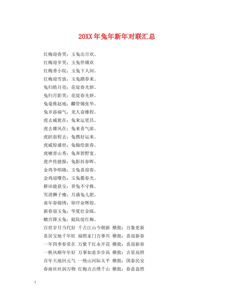 20XX年兔年新年对联汇总_第1页