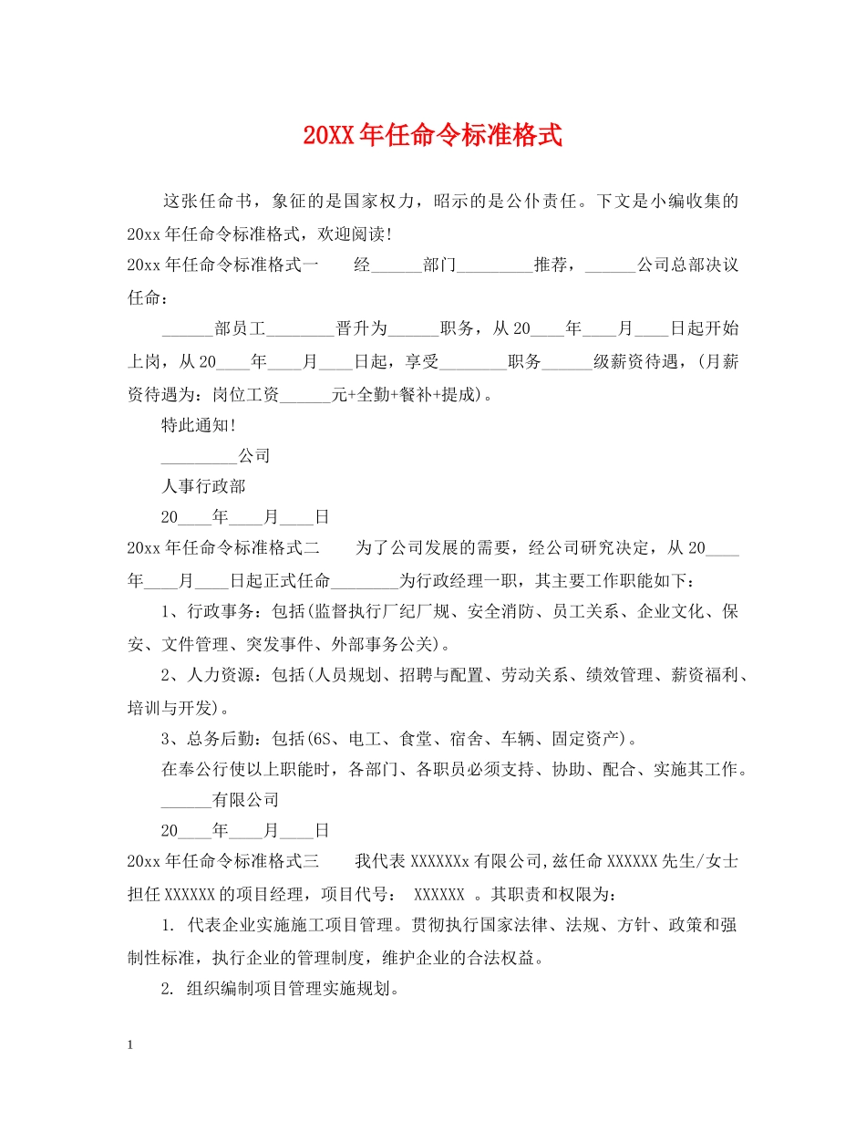 20XX年任命令标准格式_第1页