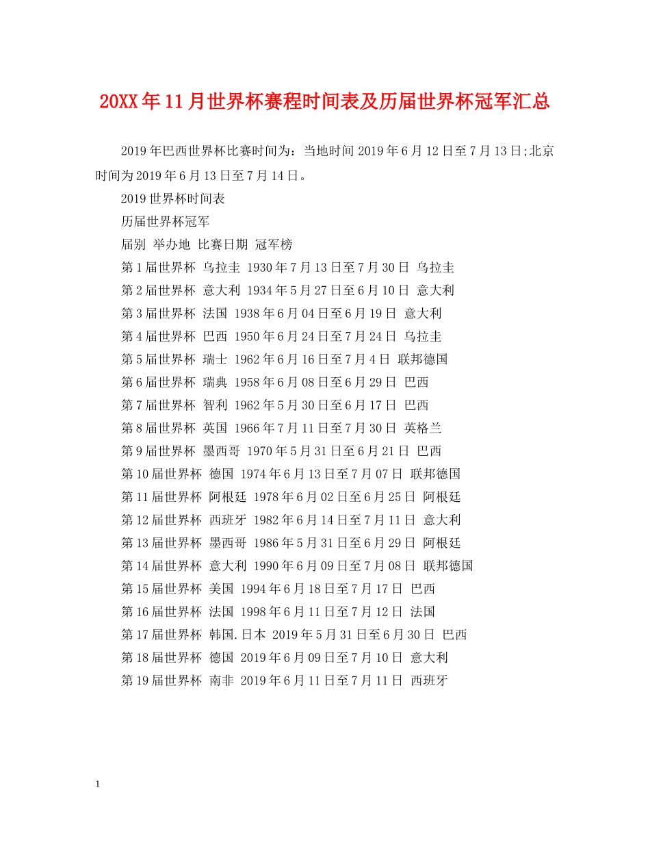 20XX年11月世界杯赛程时间表及历届世界杯冠军汇总_第1页
