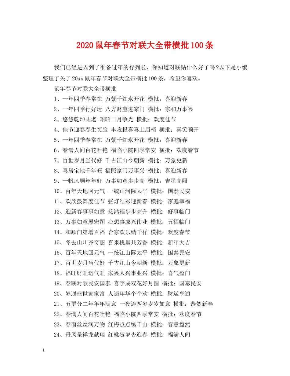 2024鼠年春节对联大全带横批100条_第1页