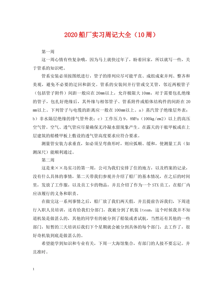 2024船厂实习周记大全（10周）_第1页