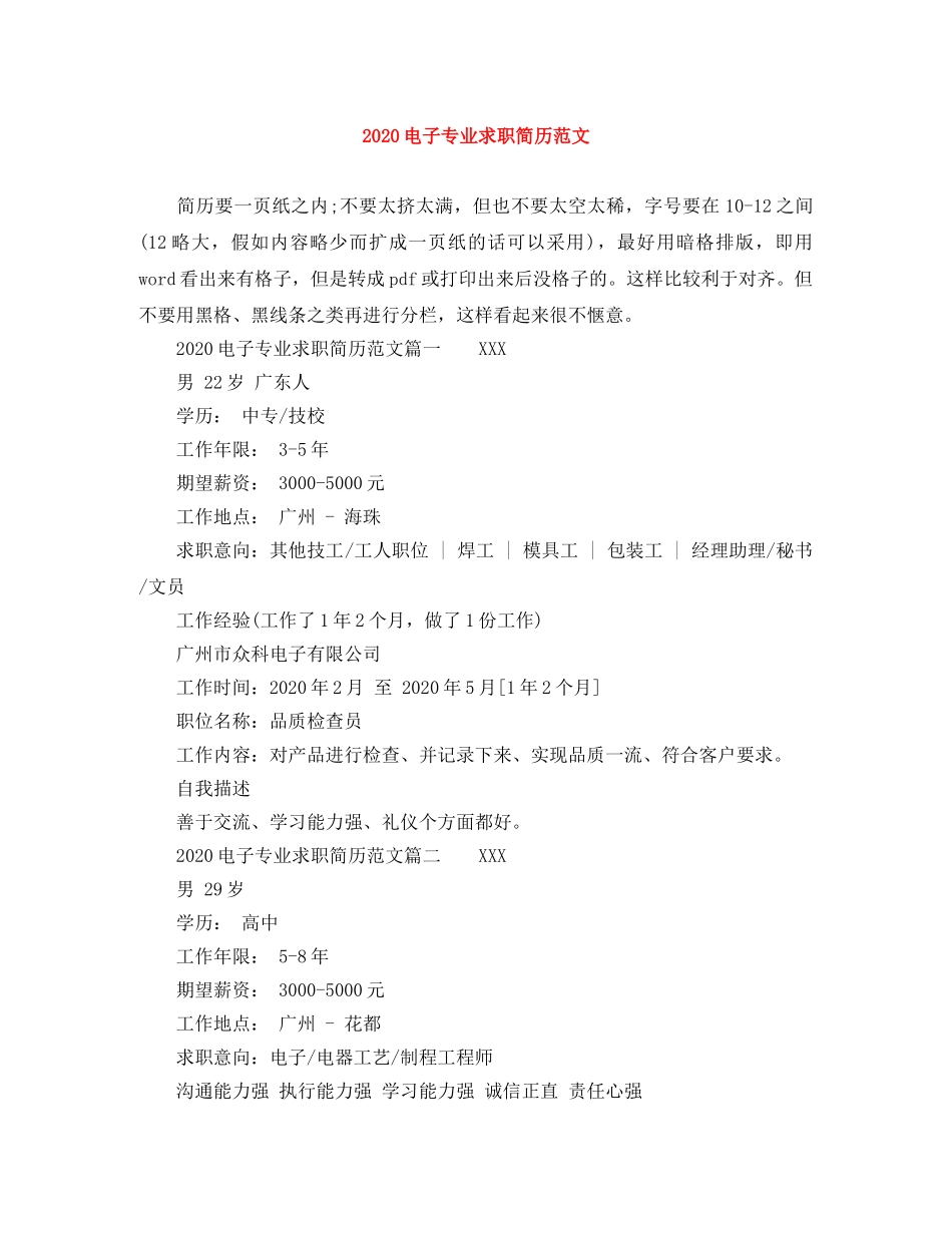 2024电子专业求职简历范文_第1页