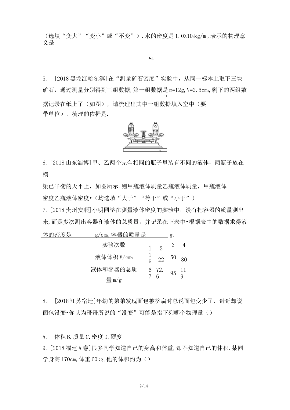 人教版八年级物理第六章《质量和密度》专题练习(word版附答案)_第2页