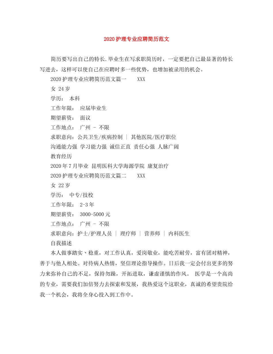 2024护理专业应聘简历范文_第1页