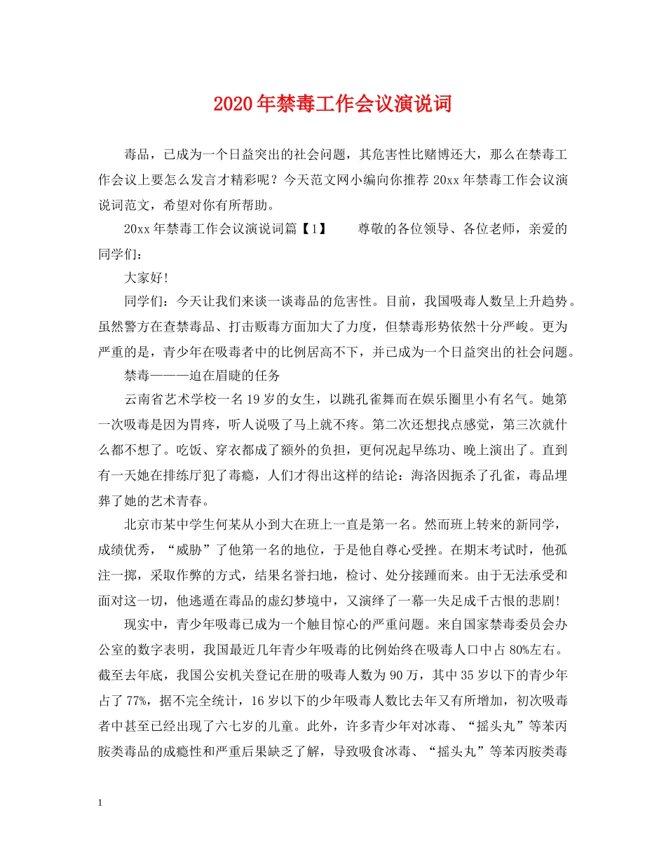 2024年禁毒工作会议演说词_第1页