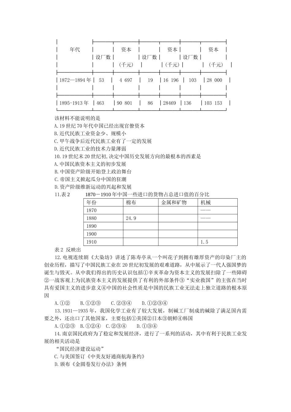 高考历史复习训练 第六讲 近代中国经济结构的变动与资本主义的曲折发展 新人教版必修2 _第2页