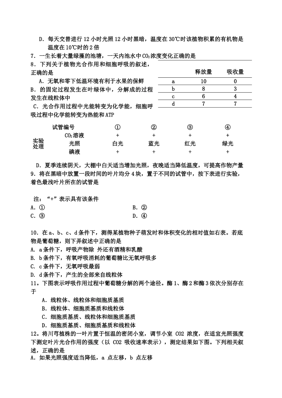 高考生物 细胞代谢单元测试 新人教版 _第2页
