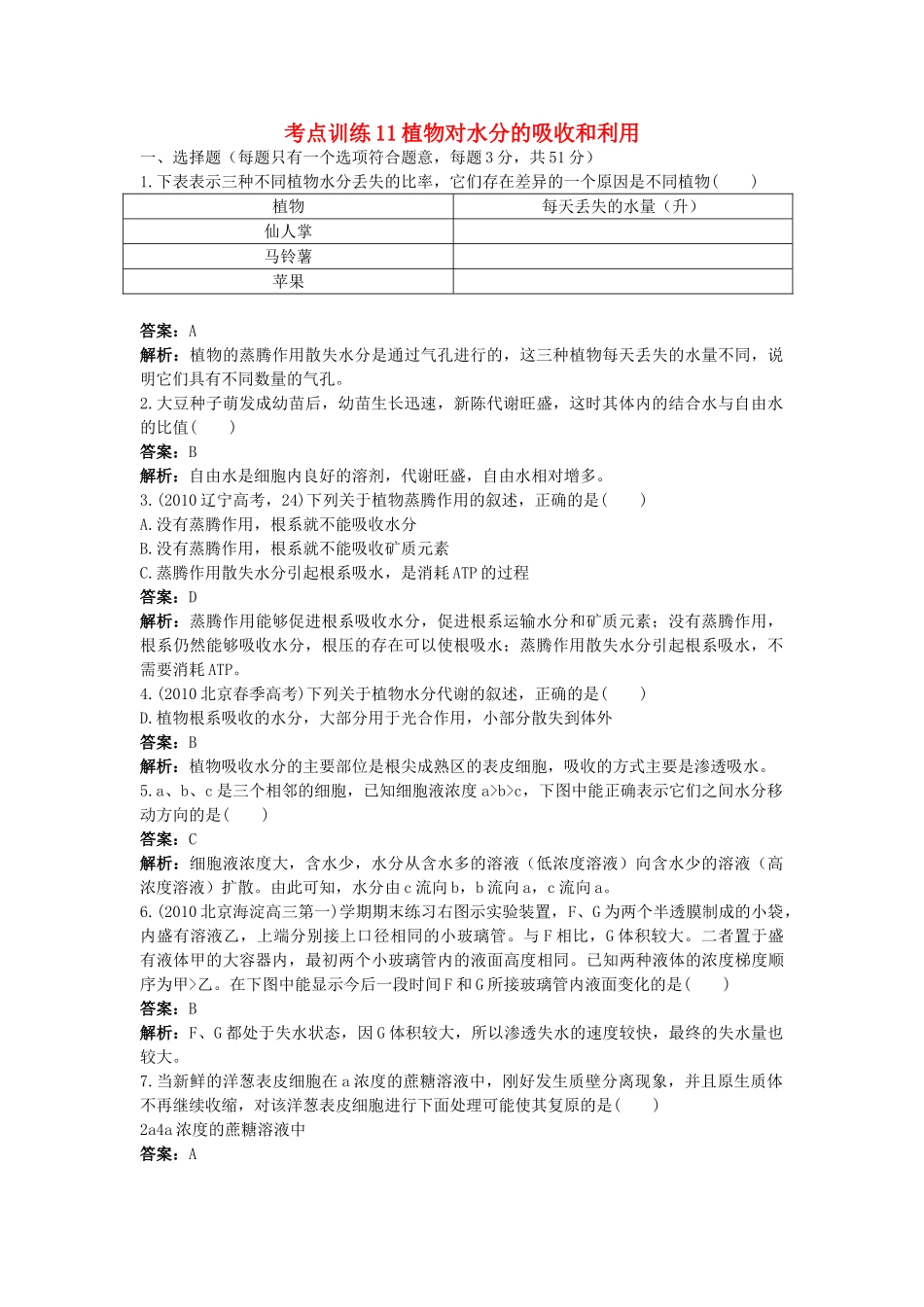高考生物一轮考点训练带详细解析11　植物对水分的吸收和利用 _第1页
