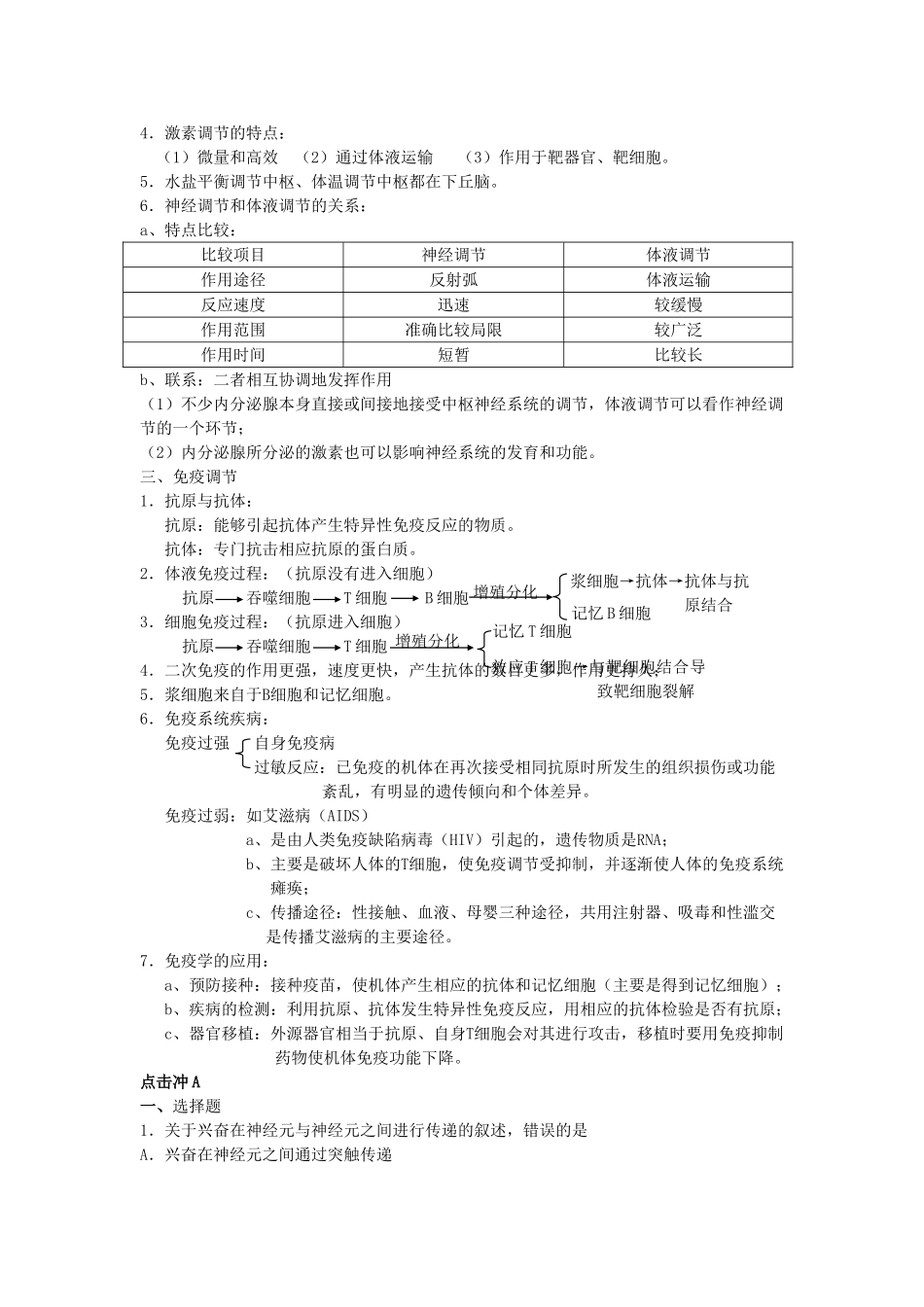 高考生物总复习备考考点必背知识 动物和人体生命活动调节 _第2页