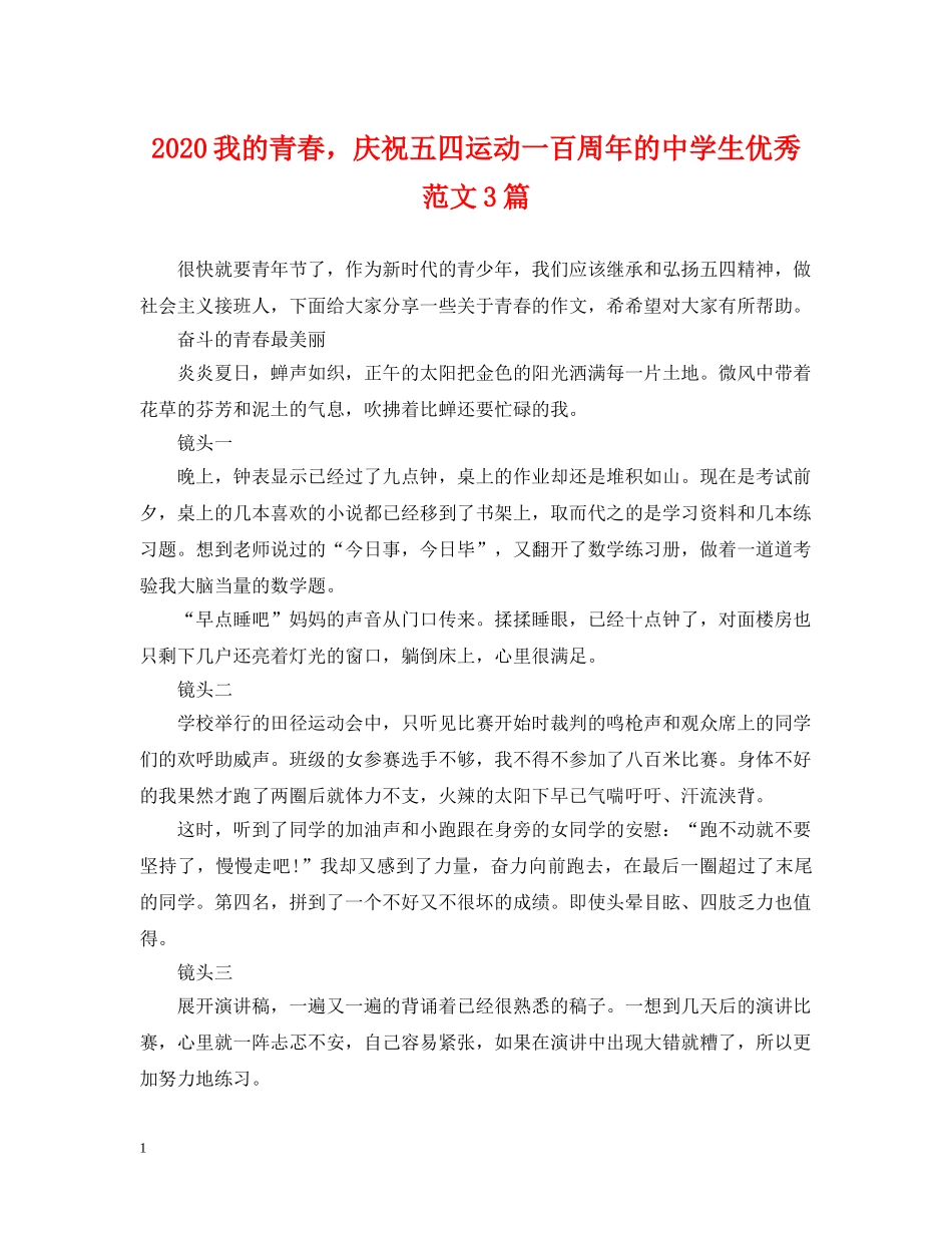 2024我的青春，庆祝五四运动一百周年的生优秀范文3篇_第1页