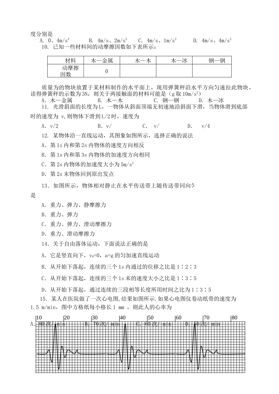 福建省厦门1011高一物理上学期期中考试试题新人教版会员独享 _第2页