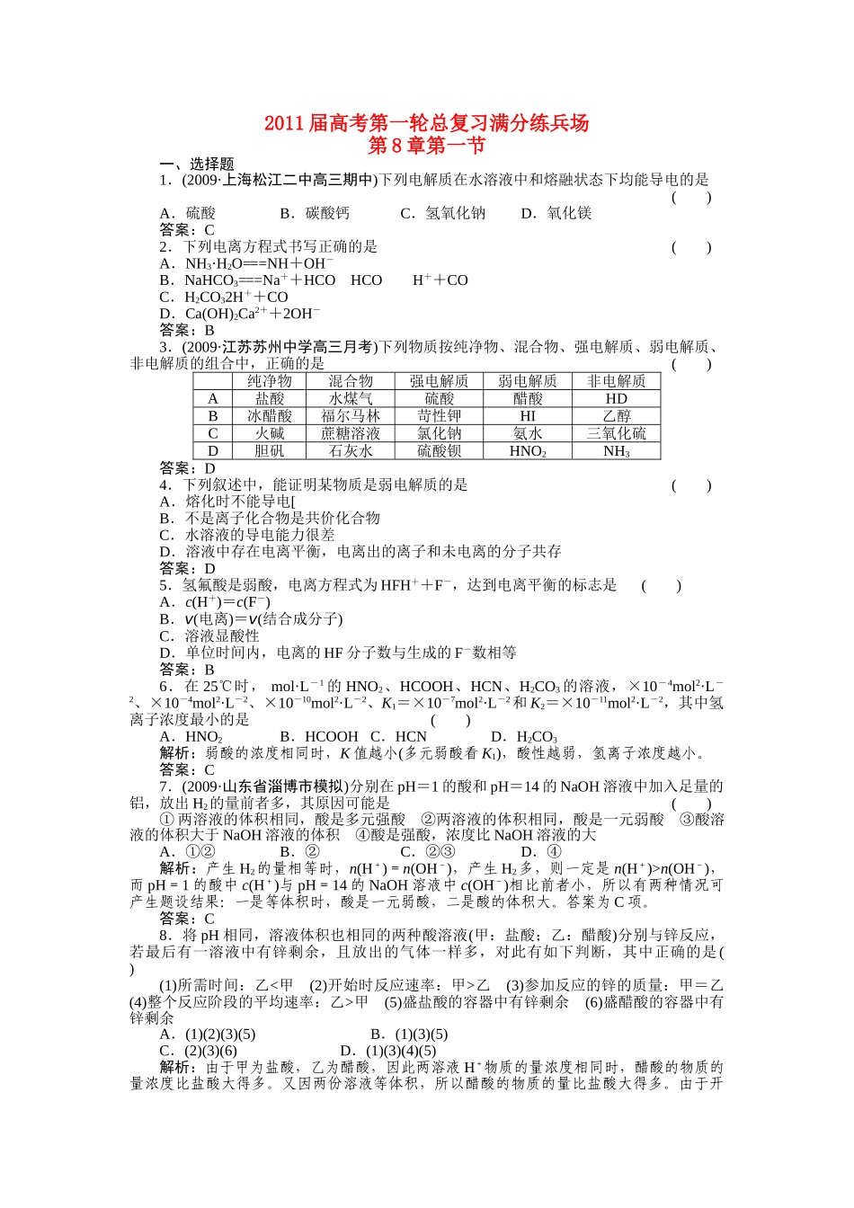 高考化学第一轮总复习 第8章 第一节练习 _第1页
