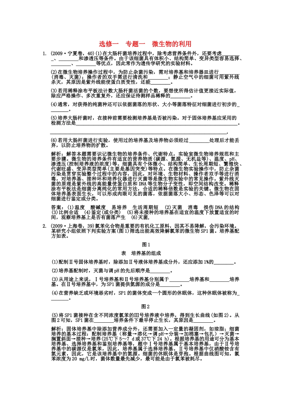 高考生物一轮复习双基演练 专题1  微生物的利用 新人教版选修1  _第1页