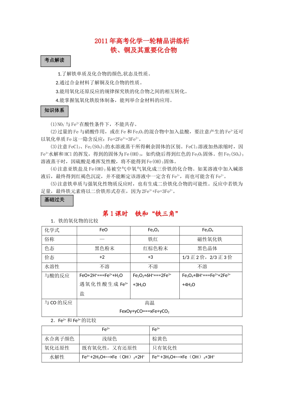 高考化学一轮复习 铁铜及其重要化合物讲练析 新人教版 _第1页