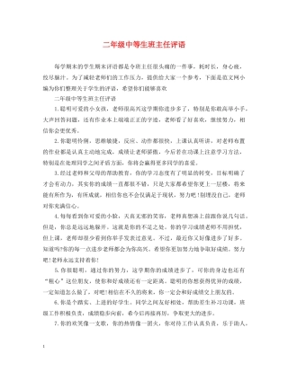 二年级中等生班主任评语