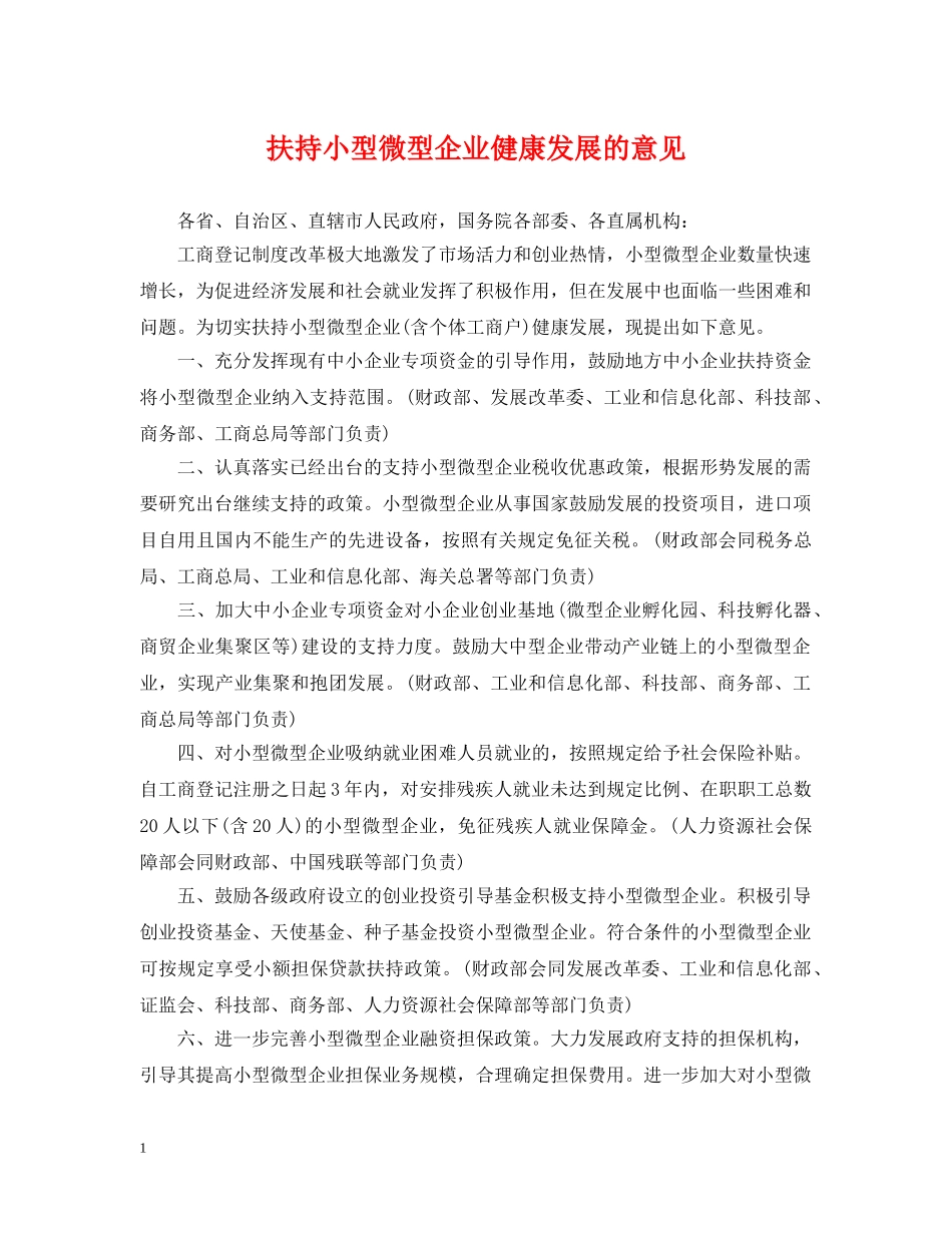 扶持小型微型企业健康发展的意见 _第1页