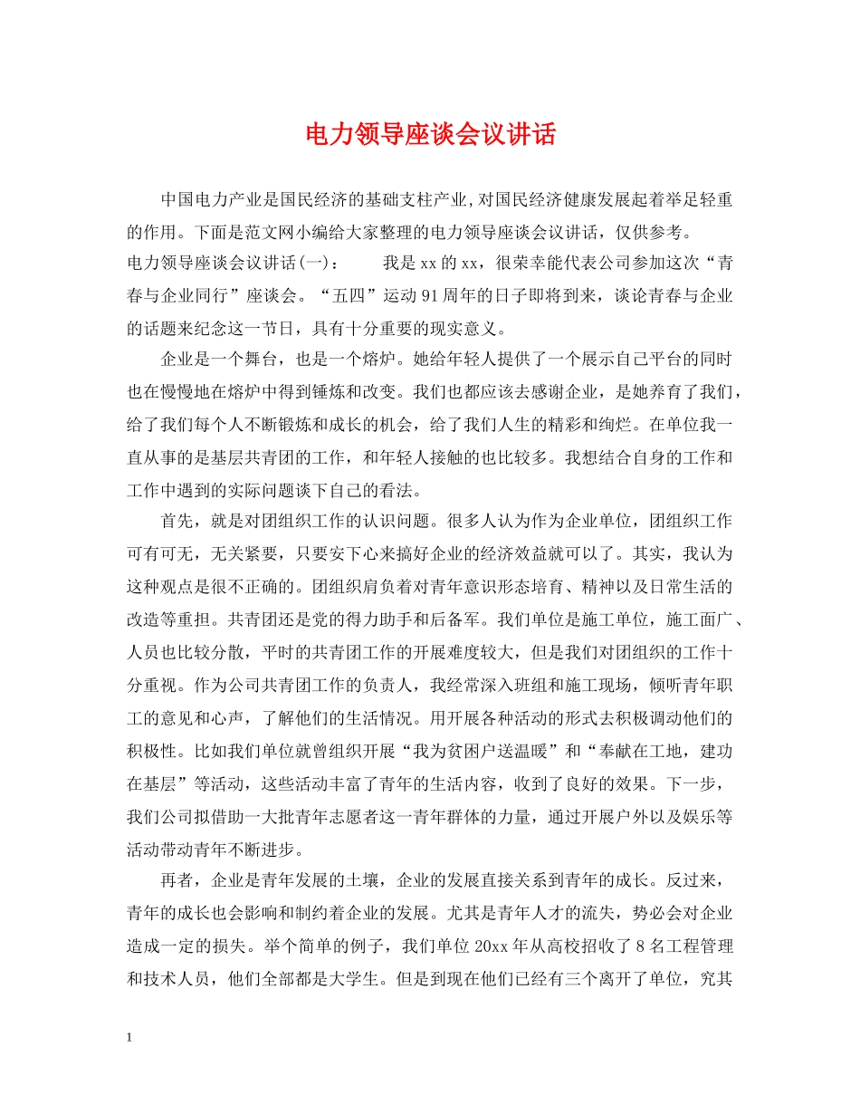 电力领导座谈会议讲话 _第1页
