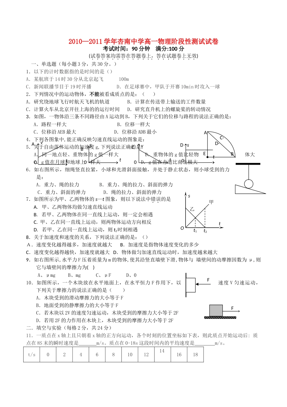 福建省厦门市杏南20102011高一物理上学期期中试题新人教版会员独享 _第1页