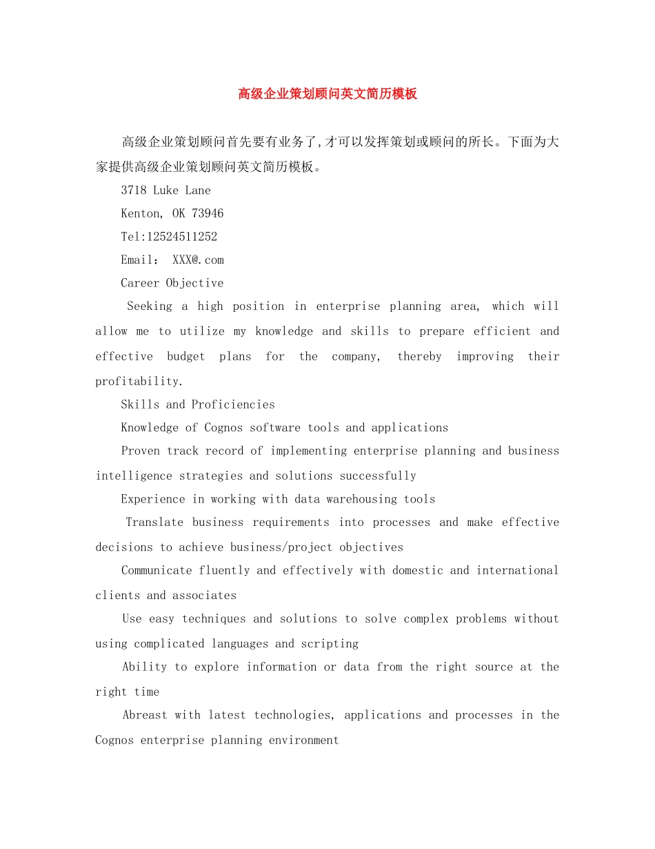 高级企业策划顾问英文简历模板 _第1页