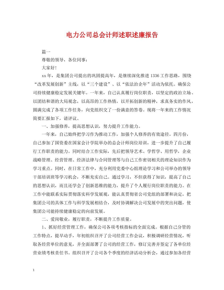 电力公司总会计师述职述廉报告 _第1页