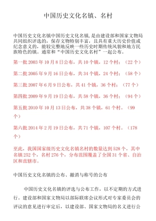 历史文化名镇名村名单(第一至六批)综述