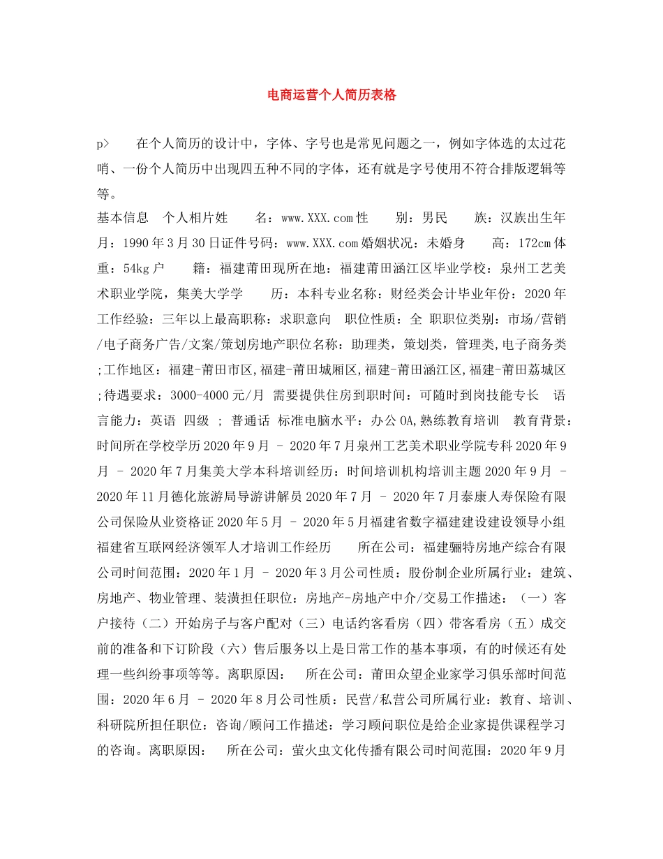 电商运营个人简历表格 _第1页