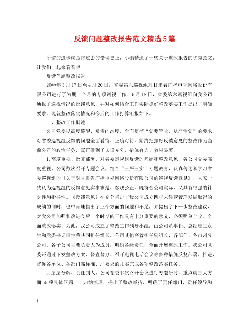 反馈问题整改报告范文精选5篇 _第1页