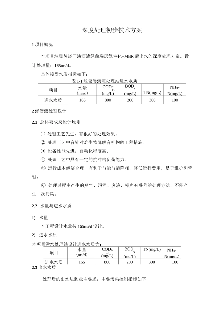 165吨垃圾渗滤液深度处理方案_第1页