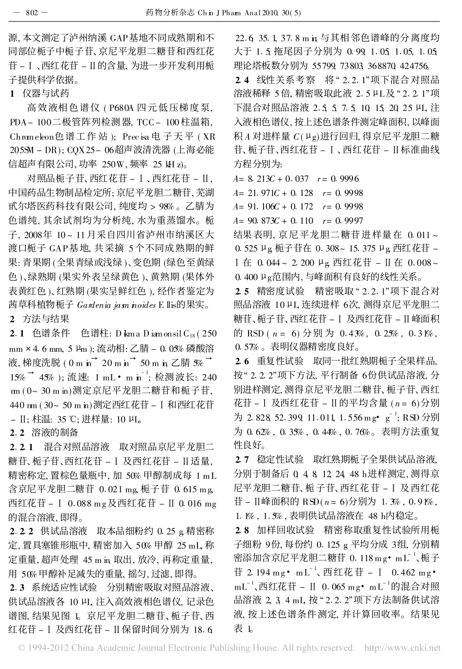不同成熟期和不同部位栀子中4种主要活性成分的含量变化_何兵_第2页