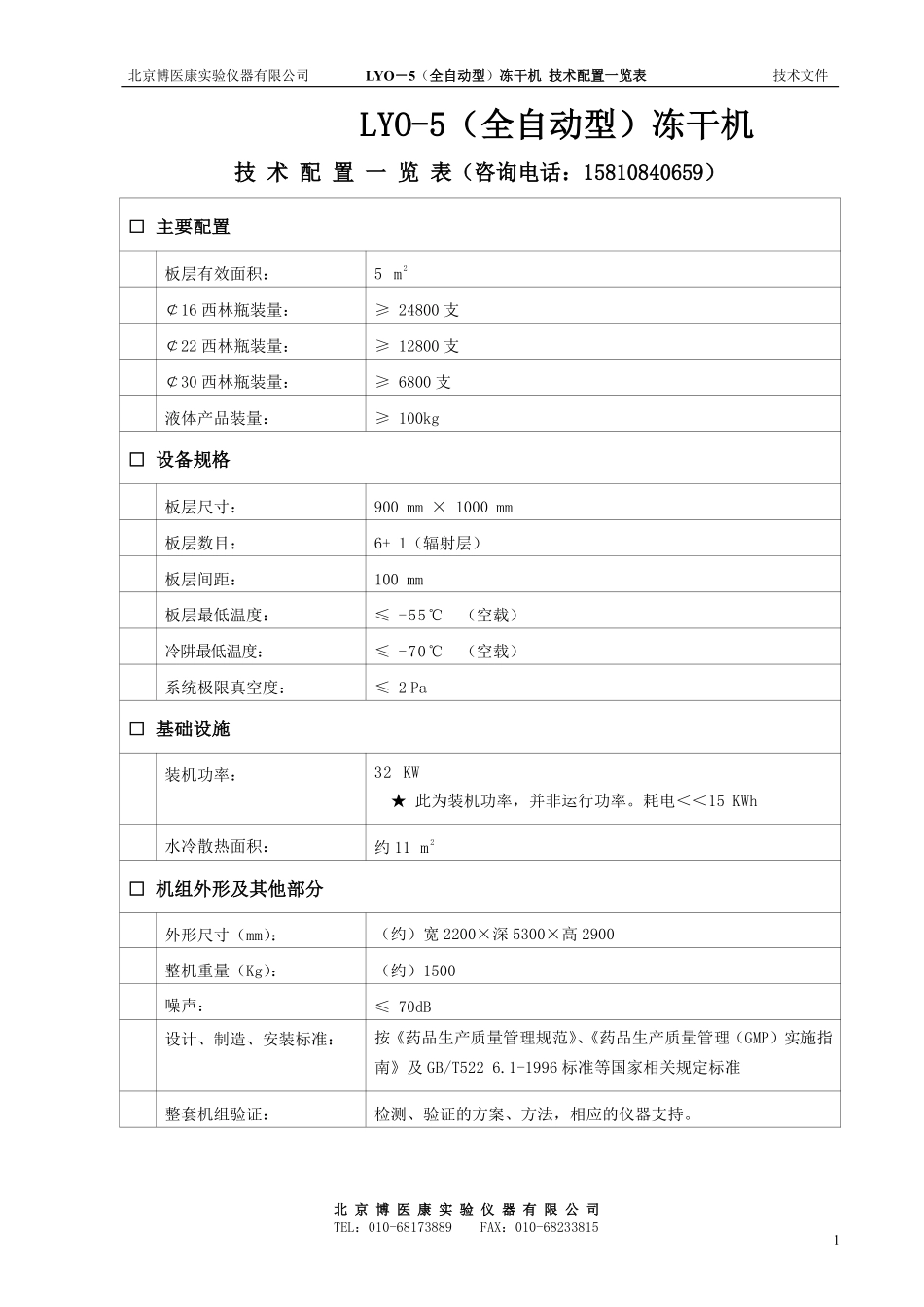 LYO-5型(全自动)冻干机技术配置表_第1页