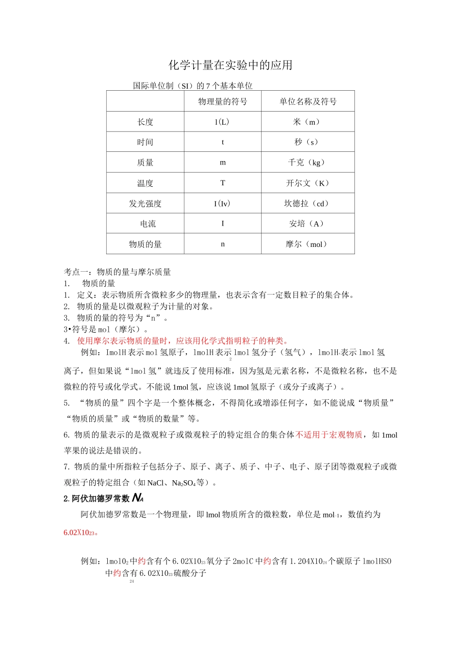 高一化学物质的量知识点归纳_第1页