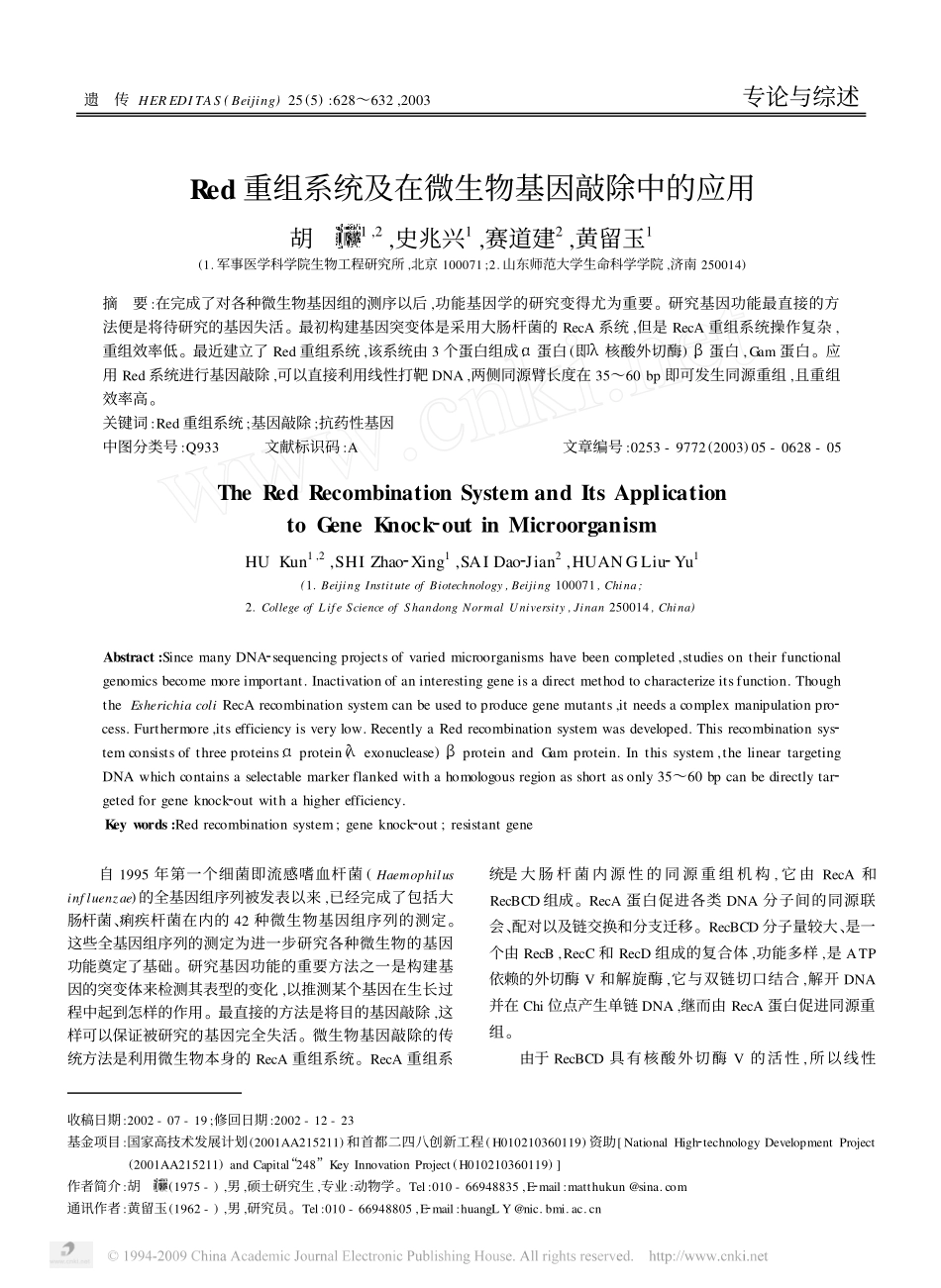 Red重组系统及在微生物基因敲除中的应用_第1页