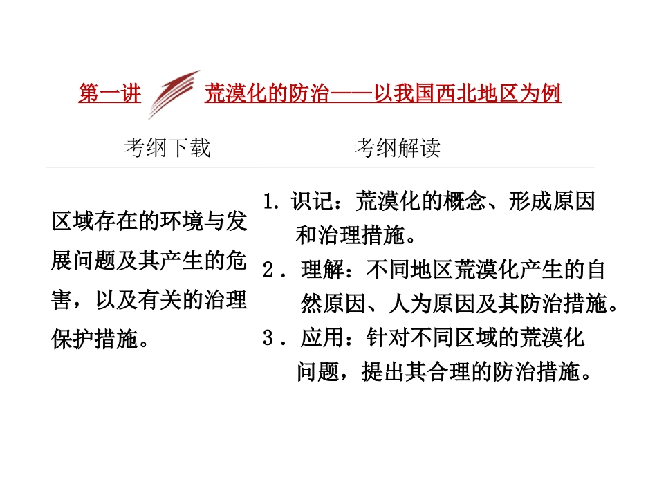 【三维设计】2014届高考地理人教版一轮复习课件：第十三章第一讲 荒漠化的防治——以我国西北地区为例_第1页
