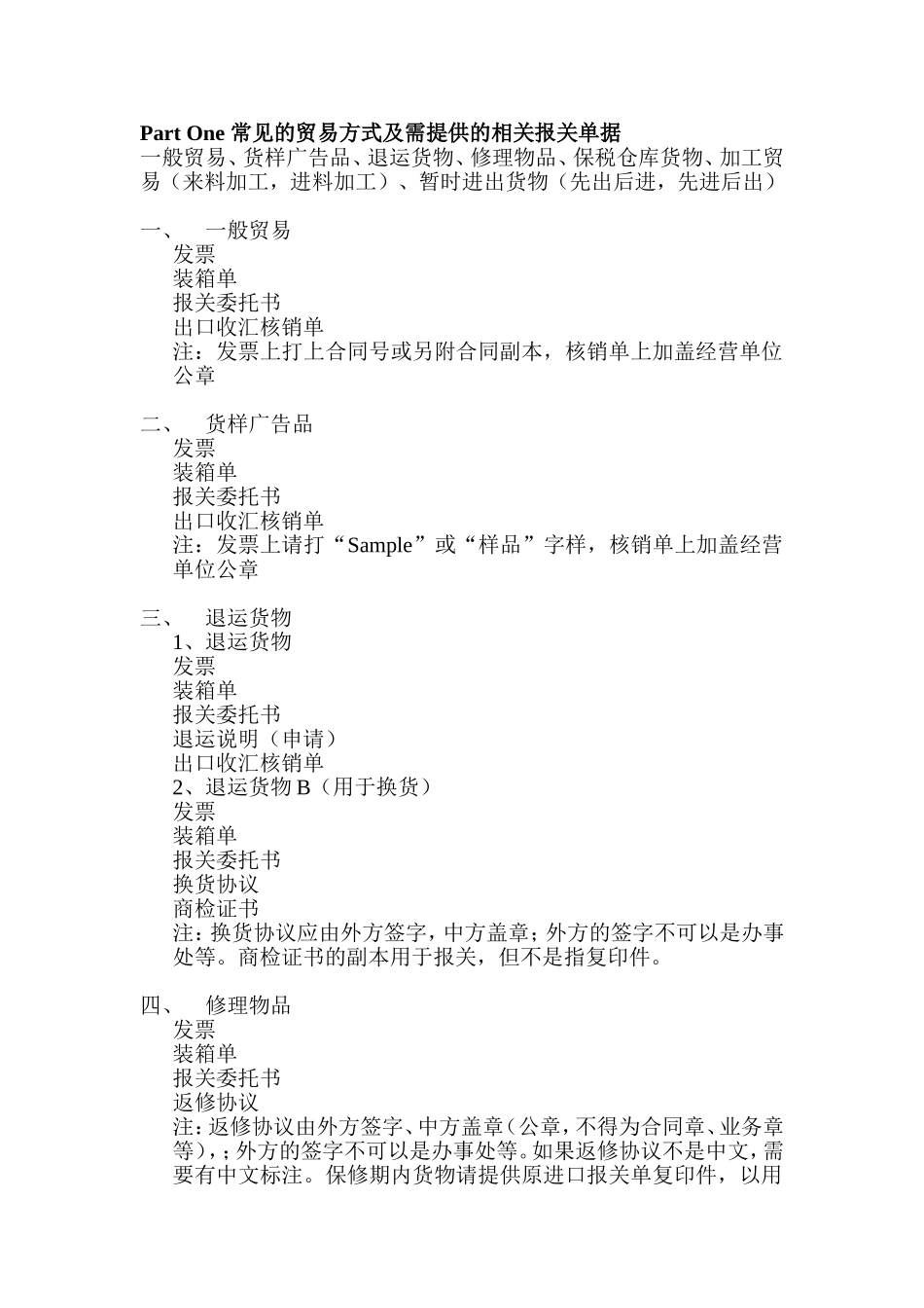 常见的出口贸易方式及需提供的相关报关单据_第1页