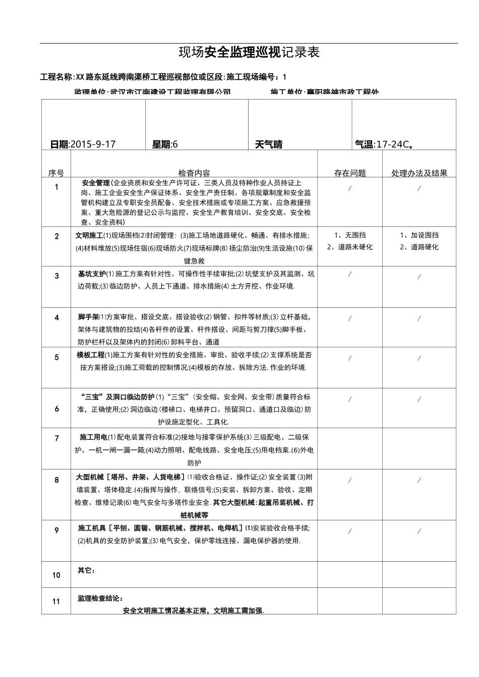 桥梁工程现场安全监理巡视记录表[详细]_第1页
